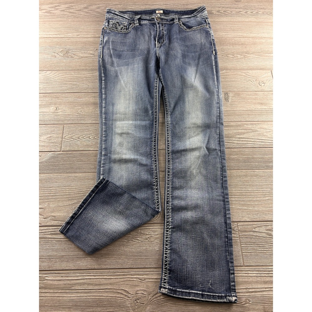 Reba Bootcut Jeans Medium Wash Embroidered Studded Pockets Blue Womens 13